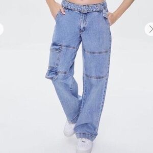 Forever 21 Utility Cargo Jeans with Belt Light Wash Denim Size 24